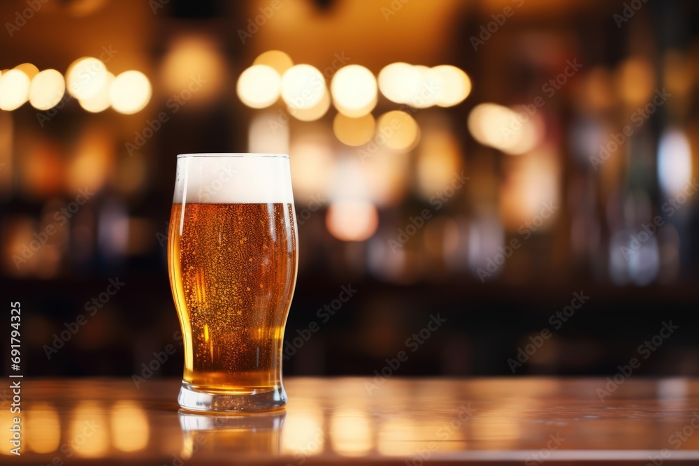 A close-up of a beer glass with a blurred bartender and bar in the background, featuring empty copy space A close-up of a beer glass with a blurred bartender and bar in the background, featuring empty copy space