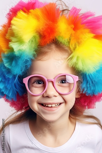 Funny looking child girl wearing colorful eyeglasses