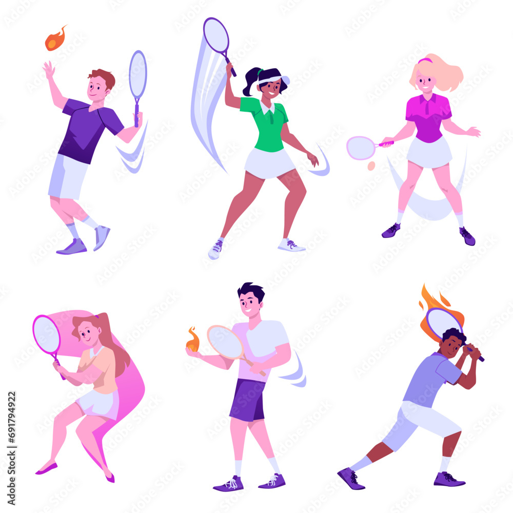 Set of vector cartoon tennis players with racket and ball, Burning rackets and balls, motion lines, workout illustration