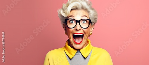 Elderly woman pleasantly surprised by good news, smiling at financial balance. photo