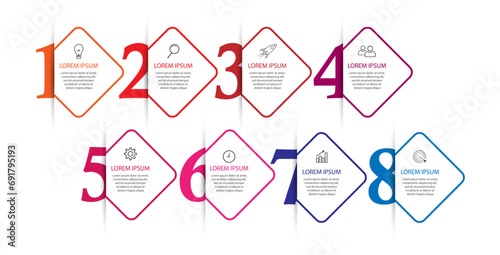 Simple infographic eight parts or options. thin line design with icons, text, number. used for process diagrams, workflow layouts, flowcharts, infographics, 
and your presentations