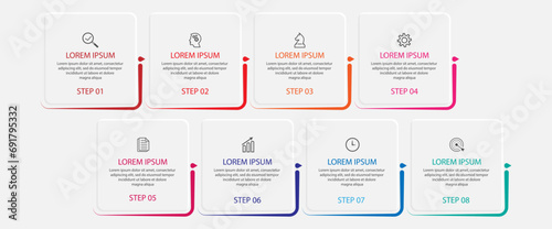 Simple infographic eight parts or options. thin line design with icons, text, number. used for process diagrams, workflow layouts, flowcharts, infographics, 
and your presentations