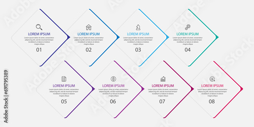 Simple infographic eight parts or options. thin line design with icons, text, number. used for process diagrams, workflow layouts, flowcharts, infographics, 
and your presentations