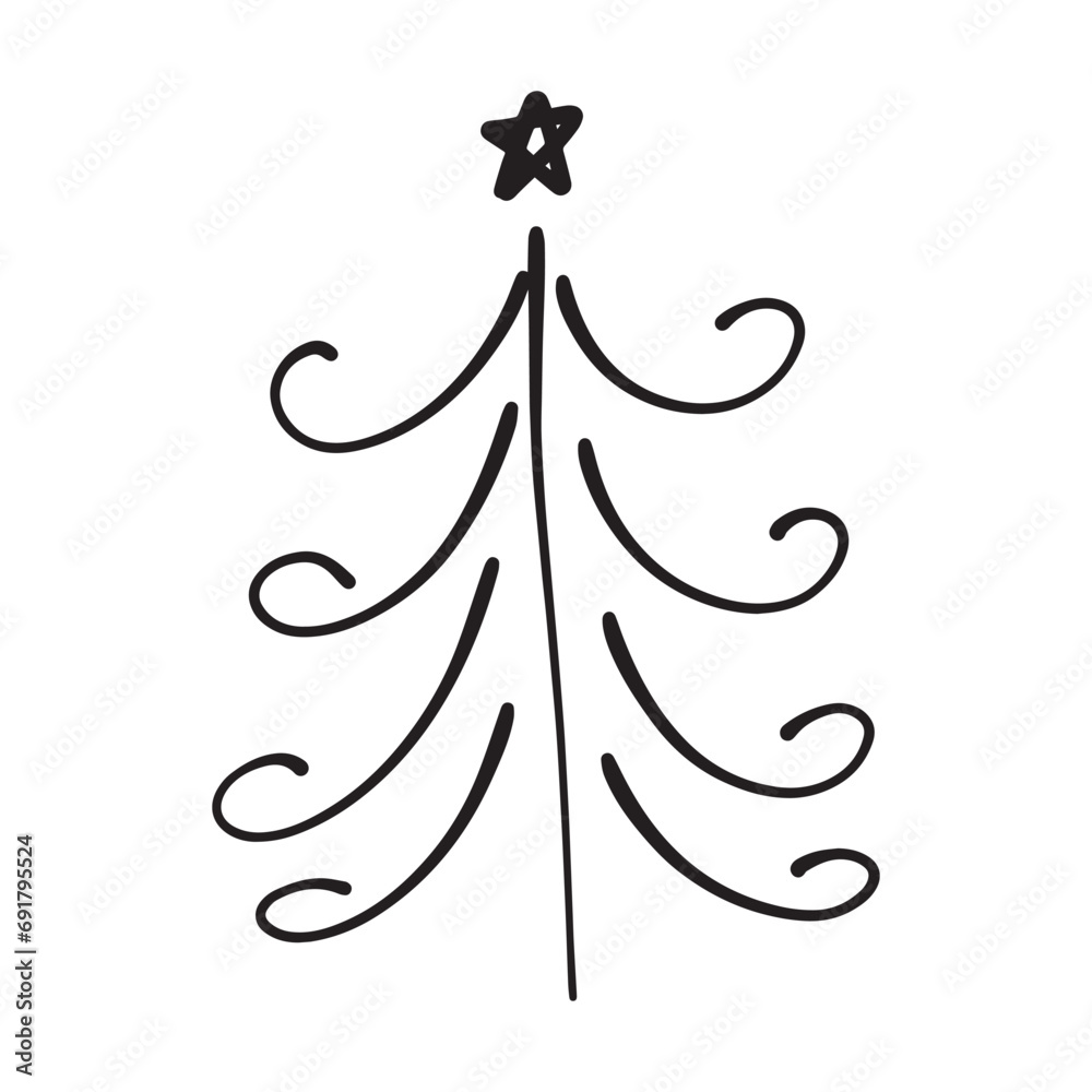 Christmas tree icon, vector hand drawn outline illustration of Xmas ...