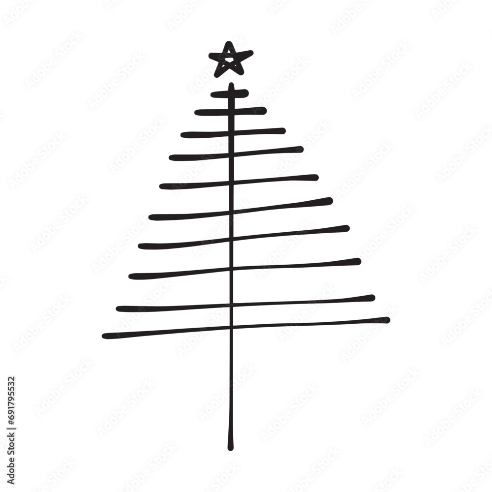 Christmas tree icon, vector hand drawn outline illustration of Xmas symbol for greeting and invitation cards in web and print materials