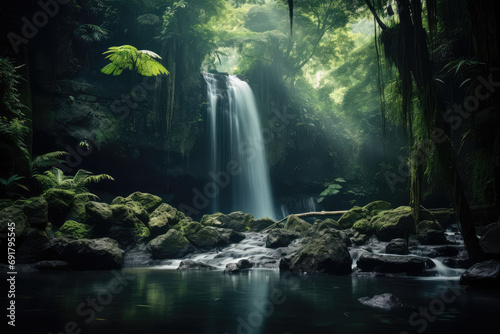 a forest river surrounded by lush plants,