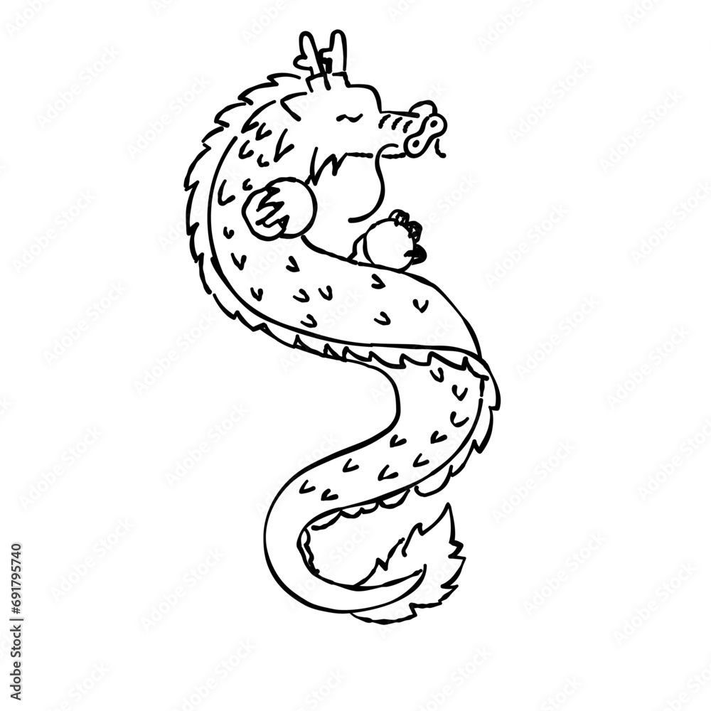 Naklejka premium 宝玉を持った龍の横顔のイラスト 線画