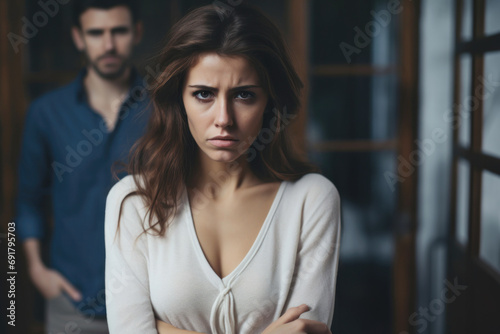 portrait of offended sad woman ignoring her her husband