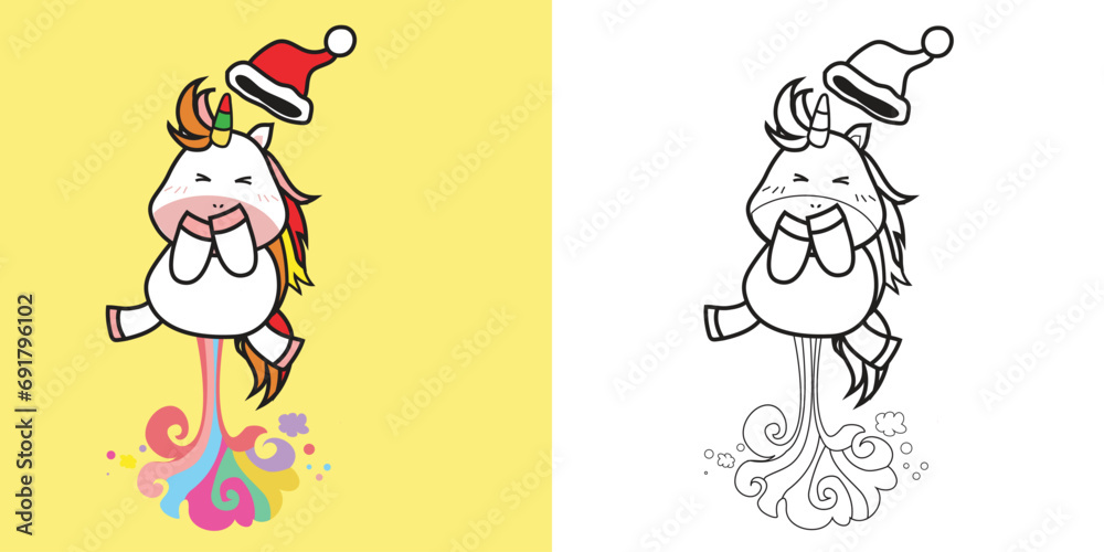 Cute and kawaii cartoon unicorn coloring page in Christmas edition. Coloring cute unicorn jumping happily worksheet. Coloring activity with Xmas theme. Printable educational coloring worksheet. Vector