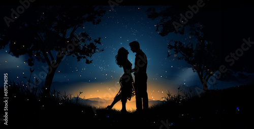 Romantic couple kissing silhouette under moonlight background valentine day