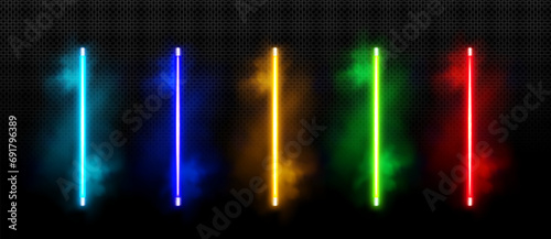 Neon led tubes set isolated on transparent background. Vector realistic illustration of turquoise, blue, yellow, green, red bar lamps glowing in smoke, night club design element, party decoration