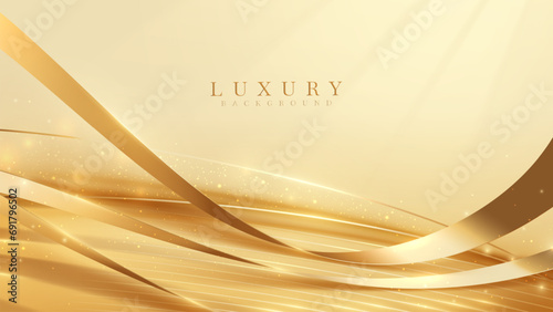 Gold luxury background with ribbon elements and glitter light effects decorations and bokeh.