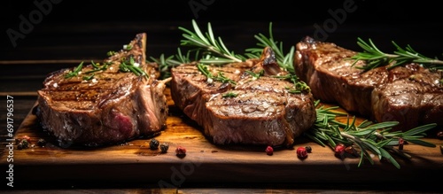 Seasoned lamb steaks on a wooden surface.