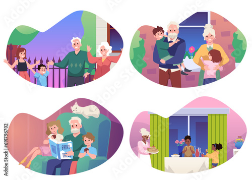 Grandchildren spending time with their grandparent, set of flat vector illustrations isolated on white background.