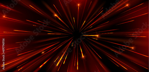 High speed warp of red light with radial burst. Realistic vector illustration of space travel pattern with neon glowing effect. Fantasy explosion or motion circular perspective tunnel in hyperspace.