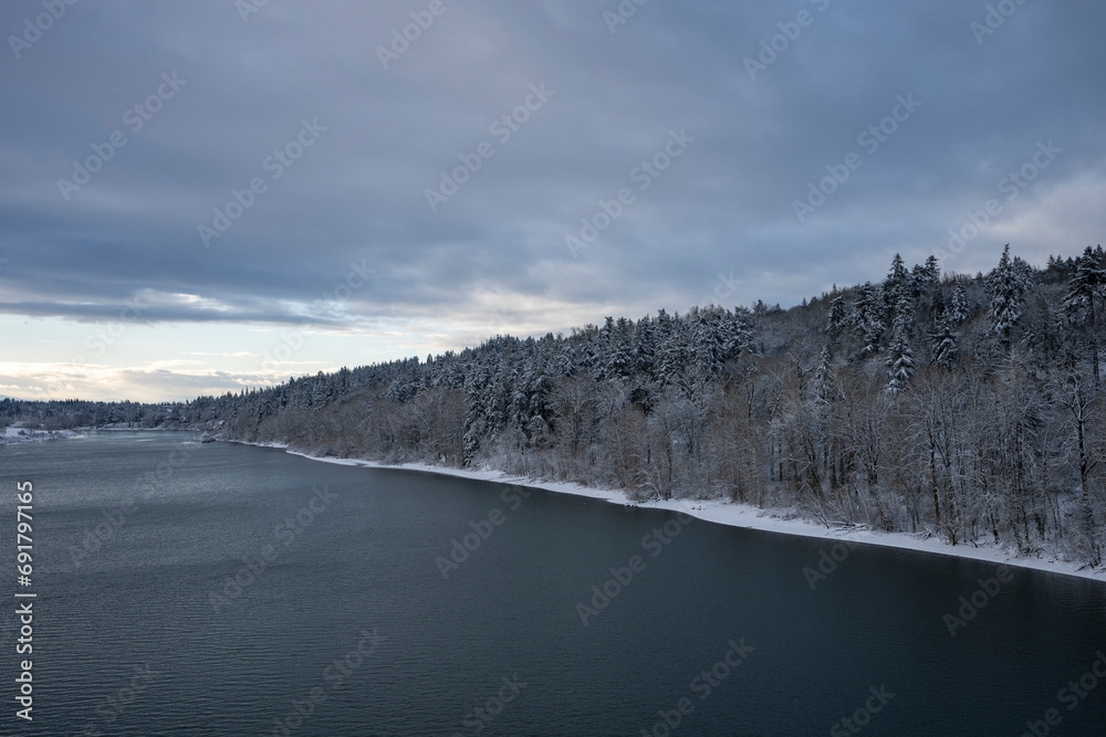 Clouds over Willamette River in southwest Portland, Oregon, on a cold winter morning after overnight snowstorm.