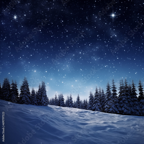 winter forest landscape in the night with snow and starry sky