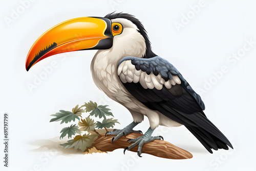 Picture draw by watercolor of Hornbill on brown branch on white background. Realistic animal clipart template pattern. Background Abstract Texture. Work of art.