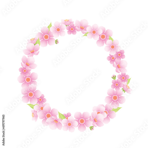 Wreath of pink cherry flowers Isolated on white background. Empty place for your text. Vector spring cartoon illustration. Floral round frame.