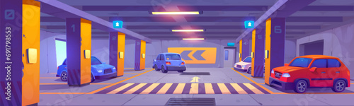 Underground car parking interior with markings, asphalt floor and columns. Cartoon vector illustration of parked automobiles on basement lot. Public garage area with light and direction arrows.