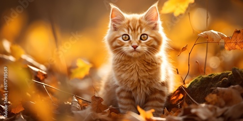 A playful kitten in a landscape of golden autumn leaves.