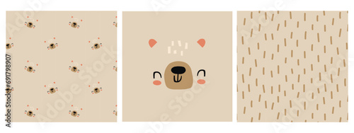 Teddy bear graphics. Hand drawn illustration with cute little bear face and seamless pattern. Kid teddy bear animal character. Baby poster, nursery wall art, card, room decoration.
