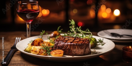 Steak dinner with red wine ready in a warm, cozy restaurant photo