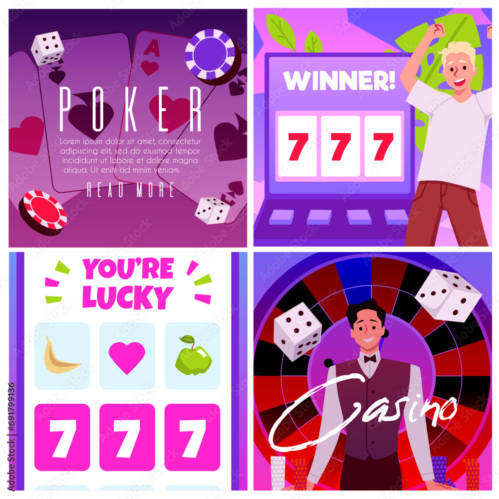 Obraz na plátně Set of squared banners about gambling flat style, vector illustration