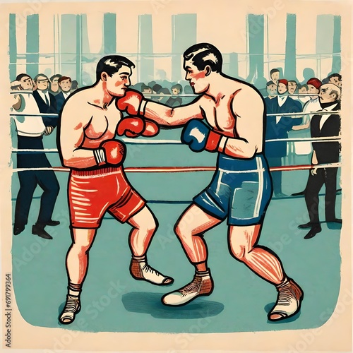 vintage Risograph of a boxing match between two men with perfect proportions © freelanceartist