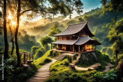 chinese temple in the morning, cottage in greenery, hut in forest,