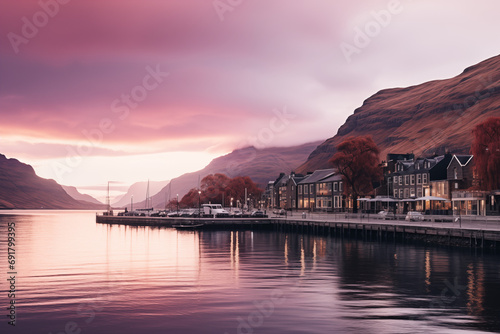 Sunrise over mountains with a serene lake reflecting sky's pink and orange hues. Ideal for travel, inspiration. No human elements, pure nature.