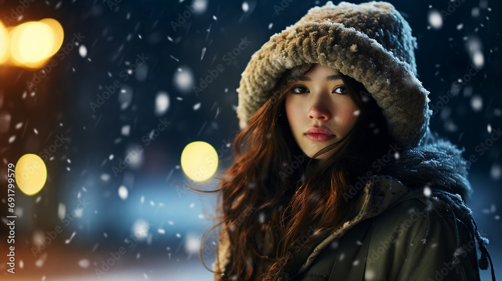 Young woman wearing winter clothes on a snowy night Young woman wearing winter clothes on a snowy night