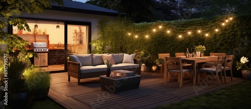 Summer evening in cozy modern residential backyard with outdoor lights, plants, and garden furniture at lounge and dining area. photo