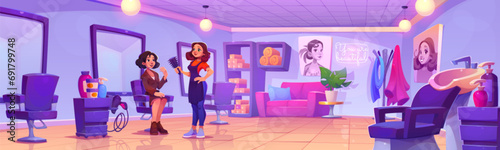 Hairdresser and client in beauty salon. Vector cartoon illustration of two women in large barbershop room with mirrors on wall, hair dye boxes and towels on shelf, dryer and shampoo bottles on drawer