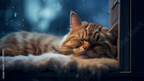 Cute cat sleeping on radiator in rainy day. Winter concept. Ways to stay warm in cold weather