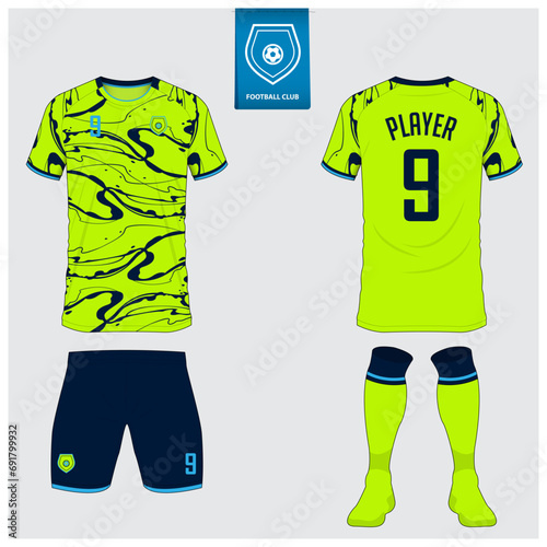 Set of soccer jersey or football kit mockup design for football club. Football shirt, short, sock template. Soccer uniform in front view, back view. Football badge in flat design. 