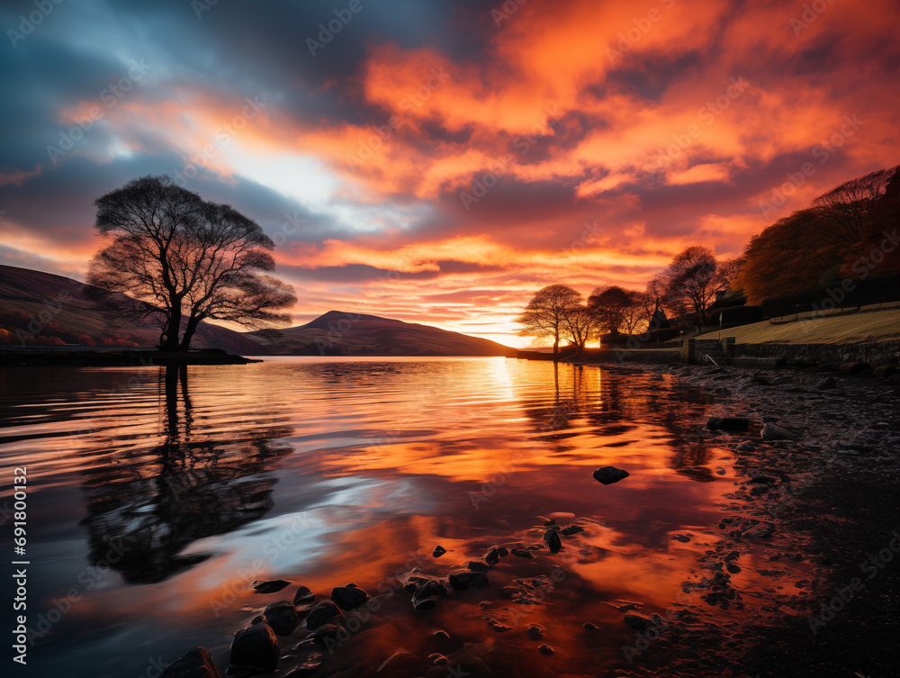 Sunrise over mountains with a serene lake reflecting sky's pink and orange hues. Ideal for travel, inspiration. No human elements, pure nature.