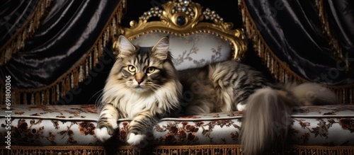 Regal feline on couch, adorned in majesty, posing for camera.