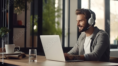Casual business man with headphone making facetime video calling, teleconference, using zoom meeting online app via laptop computer at home office. Male tutor giving online class. Generative Ai.