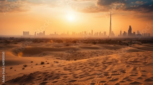 Fotografia Desert in dubai city background united arab emirates beautiful sky at sunrise