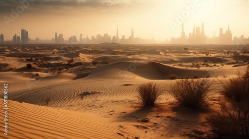 Desert in dubai city background united arab emirates beautiful sky at sunrise. photo