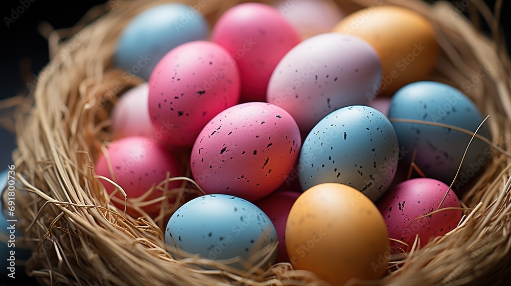 Easter eggs painted in different pastel colors in in the nest
