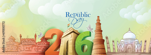 vector sketch poster of indian monuments with creative calligraphy for india republic Day (26 January). 