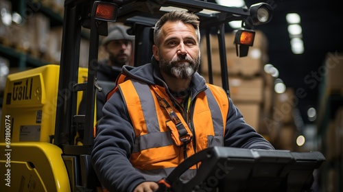 Driving man in worker uniform works on a forklift in a large warehouse