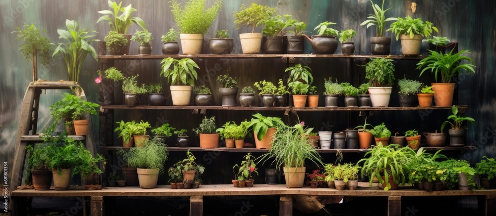 Open-air store selling potted seedlings of various plants for gardening. Open-air store selling potted seedlings of various plants for gardening.