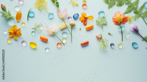 Capsules and pills on the stone with flowers and herbs on soft blue background.