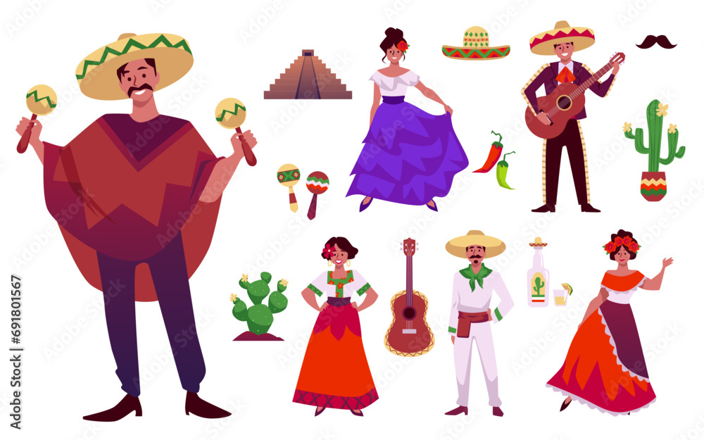 Set of vector mexican traditional symbols, women in national clothes flowers in head, whiskered men in sombrero, poncho - obrazy, fototapety, plakaty 