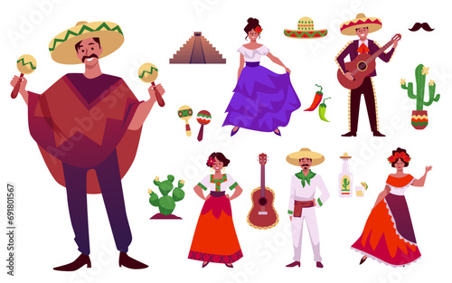 Set of vector mexican traditional symbols, women in national clothes flowers in head, whiskered men in sombrero, poncho photo