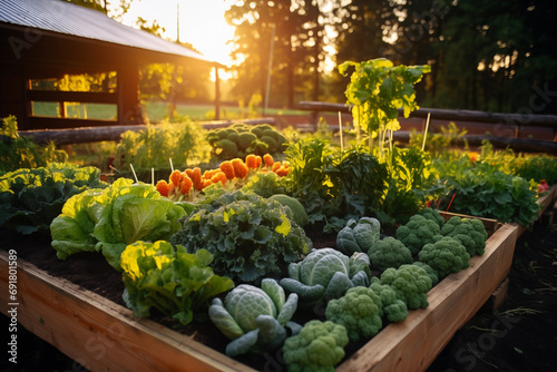 A vegetable garden with ripe vegetables and herbs on the beds. Generate Ai photo
