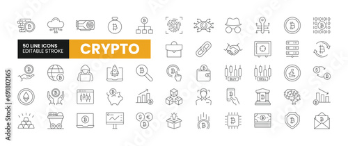 Set of 50 Cryptocurrency line icons set. Cryptocurrency outline icons with editable stroke collection. Includes Bitcoin, Blockchain, Hacker, Mining, Exchange, and More.